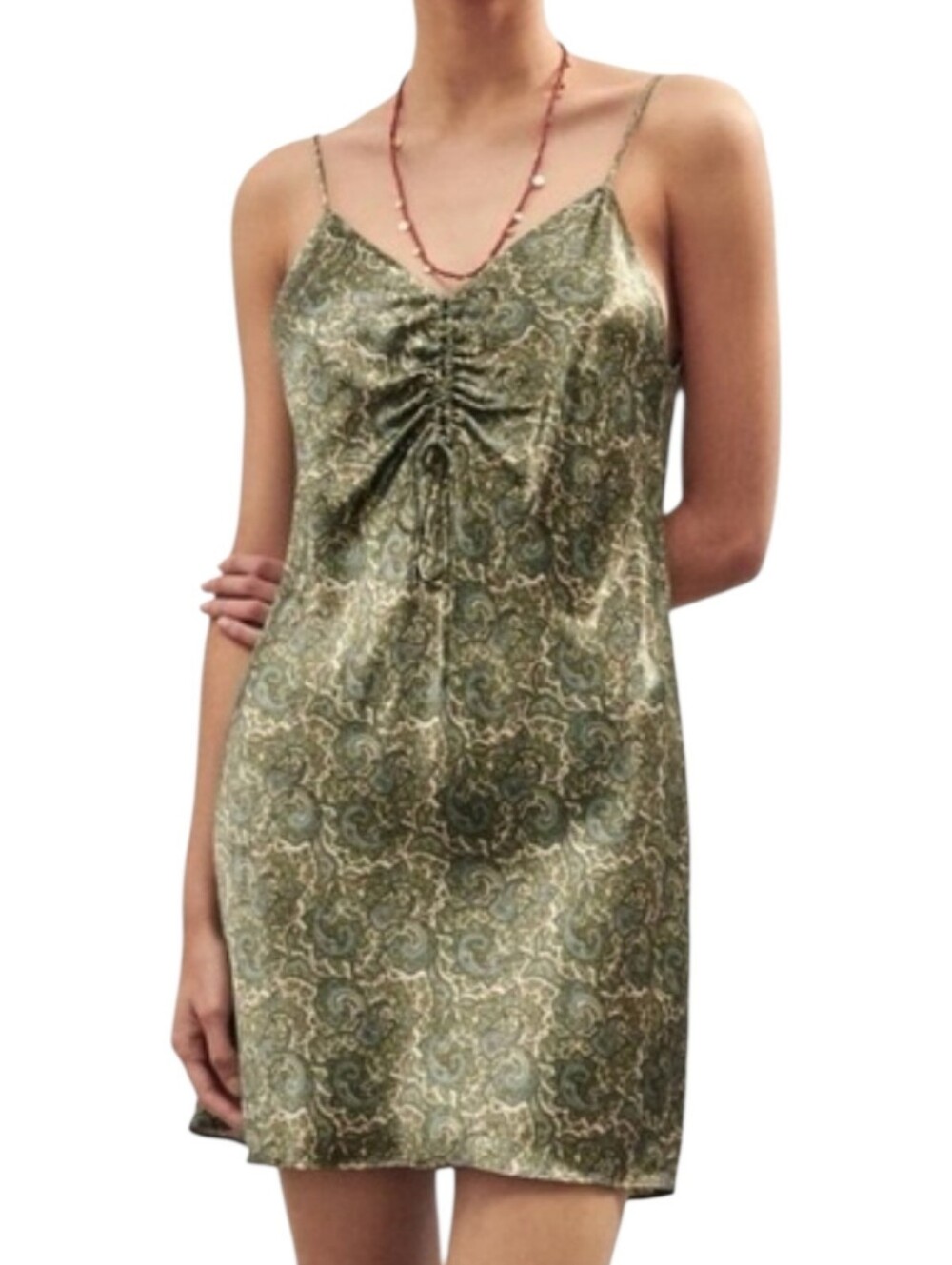 Zara Olive Paisley Satin Chemise Slip Dress